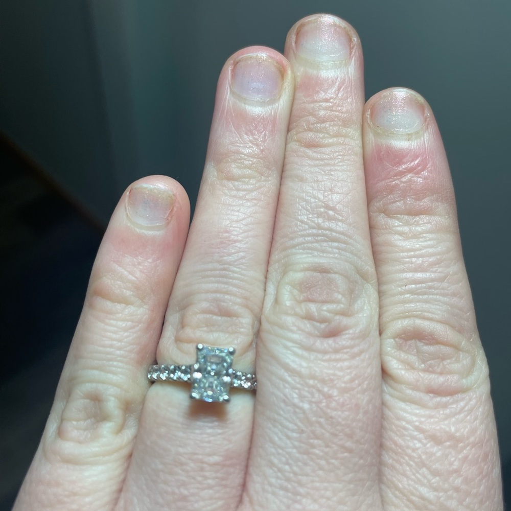 Genuine Moissanite radiant cut ring. GRA certified
